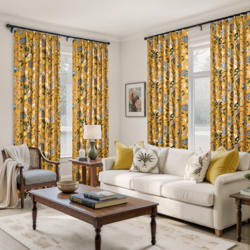 Image of Mustard Yellow Floral Pinch Pleat Curtains 102 Inches Long,Extra Long Lemon & Hummingbird Blackout Drapes for High Ceilings Living Room Bedroom Farmhouse, 2 Panels