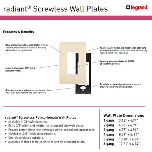Image of Legrand radiant Screwless Wall Plates for Decorator Rocker Outlets, 1-Gang, Light Almond, RWP26LACC6 (Pack of 2)