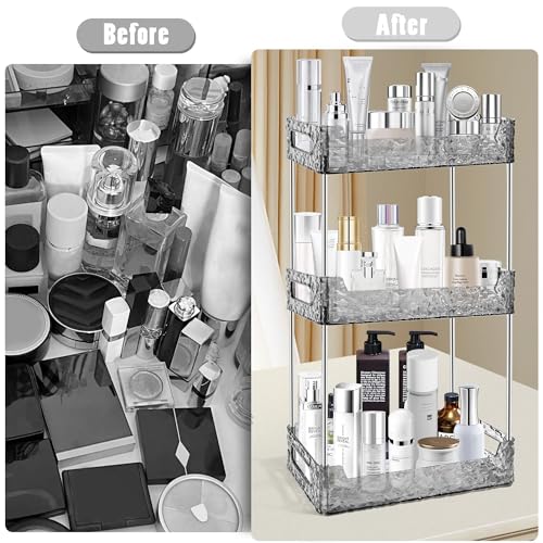 Image of 3-Tier Bathroom Counter Organizer Countertop Storage, Dresser Organizer Vanity Tray for Makeup, Perfume Organizer Cosmetics Skincare Shelf - Grey