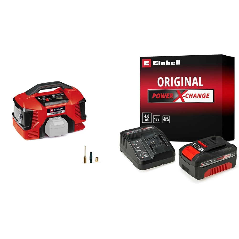 Einhell PRESSITO 18/21 - Solo, Akülü Kompresör + Einhell 18V 4,0 Ah PXC Starter Kit, Akü & Şarj Cihazı