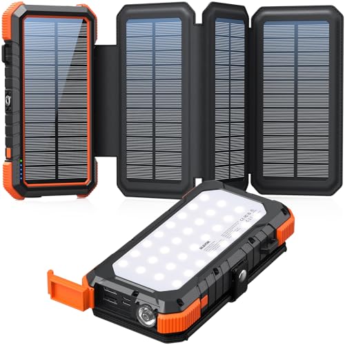 BLAVOR Solar Power Bank with 4 Foldable Solar Panels, 20000mAh External Battery Pack 18W Portable Fast Charging Phone Charger for Mobile Phone Tablet Outdoor Camping