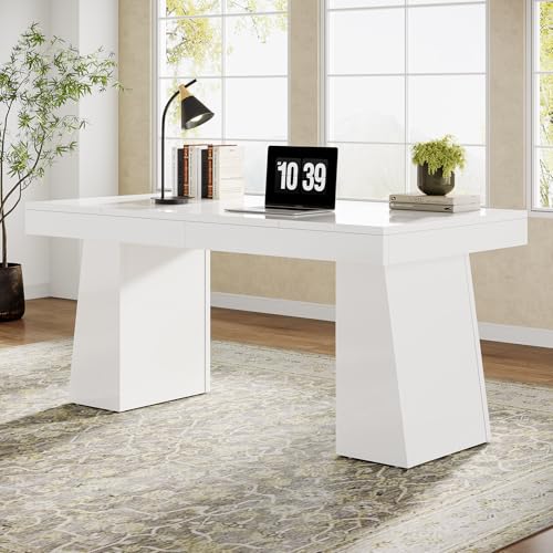 Tribesigns 55' Executive Desk, Wooden Office Desk with Double Pedestal, Modern Simple Computer Writing Table for Home Office, White