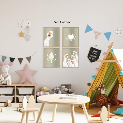 Image of Boat Wades Funny Goose Bathroom Wall Art Prints Set of 4, Olive Green Striped Whimsical Goose Posters Pictures Wall Decor for Toddler Nursery Kids Bathroom Washroom Home, 8x10 Unframed