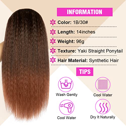 Modsight Yaki Straight Ponytail Extension For Black Women, 14 Inch Ombre Fluffy Thick Fake Ponytails Hair Piece, Short Clip In Heat Resistant Synthetic Drawstring Ponytail For Black Women (1Bt30) #TOP4