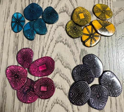 Tagua Slices, Tagua Chips. 20 Chips in 4 Colors with Black Pattern. Mix of 4 Colors. Handpainted. Natural Jewelry Supplies. Top Drilled