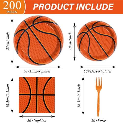 Image of 200 PCS Basketball Birthday Tableware Disposable Basketball Plates Napkins Party Supplies Sports Theme Dinnerware Set Basketballs Team Baby Shower Party Decoration Serve 50 guest
