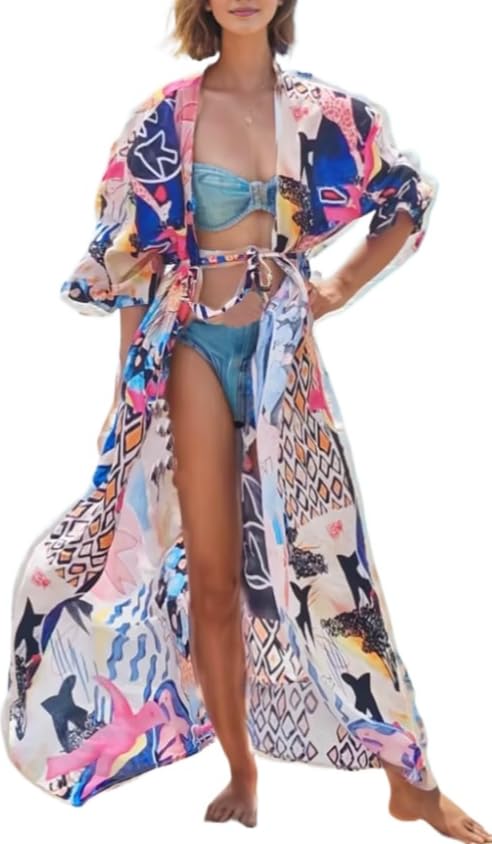 Women's Ethnic Print Boho Kimono 3/4 Sleeve Swimsuit Cover up Cardigans for Women Kimono Flowy Beach Maxi Dress