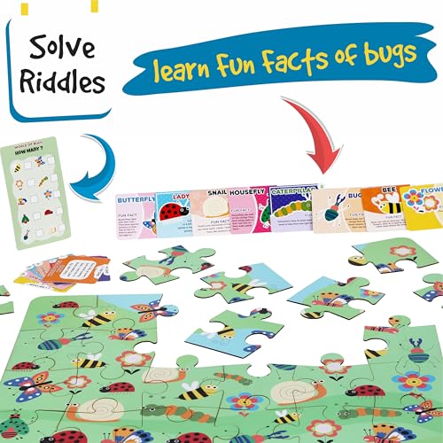 Image of World of Bugs & Insects Floor Puzzle | Wooden Jigsaw Puzzle for Kids | Fun Facts Animal Riddles, Educational Toys, Gifts for Boys & Girls Ages 4+ Years Puzzle and Scrabble Game for Kids
