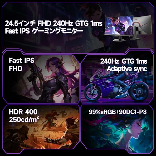 KOORUI ゲーミングモニター 24.5インチ FHD 240Hz GTG1ms応答速度 Fast IPSパネル 250ni輝度 HDR400/DCI-P3 90%/sRGB 99%/Adaptive Sync/HDMI/DP VESAマウント対応 PC モニター G2511X