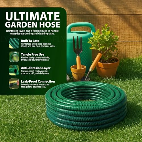 Image of Leafly Heavy Duty Garden Hose | Flexible Expandable Waterpipe with Double Latex Core & Braided Outer Layer | Stainless Metal Spray Nozzle Gun, Tap Connector, 2 Hose Clamps | Leak & Kink Free (20M)