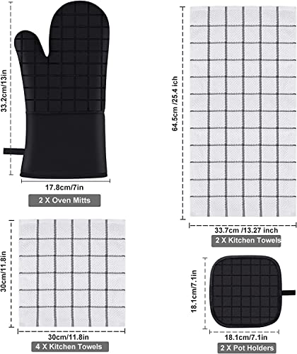 Oven Mitts And Kitchen Towel Sets With Pot Holders, 500 Degree Heat Resistant Kitchen Mitts And Pot Holders, Kitchen Washcloth Towel Set, Pure Cotton Kitchen Hand Towels Sets Hanging Loop 10 Pcs-Black #TOP1