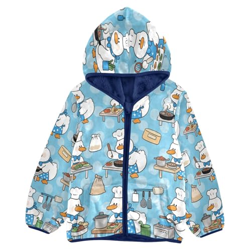 Cooking Ducks in Kitchen Pattern Toddler Fleece Jacket Girl Boys Hooded Fleece Jacket Coat Warm Outwear Zip-up 3-10T