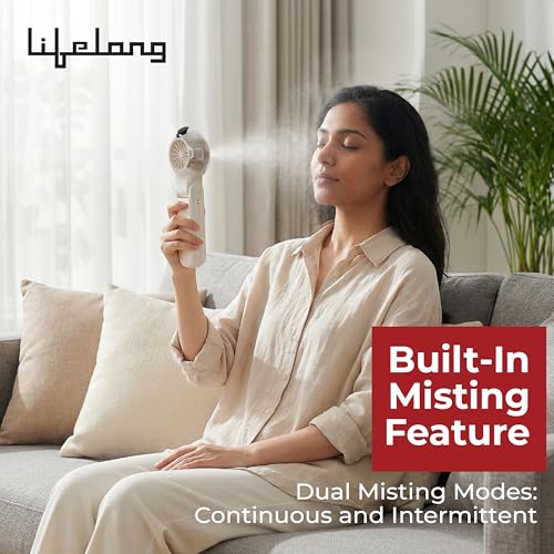 Image of Lifelong Foldable Mist Hand Fan with Digital Display | 5 Speed Portable Handheld Fan with Dual Mist Modes | Type-C Charging, 4000mAh Battery, 6W BLDC Motor | 90 Foldable Hand-Free Table Fan (Beige)