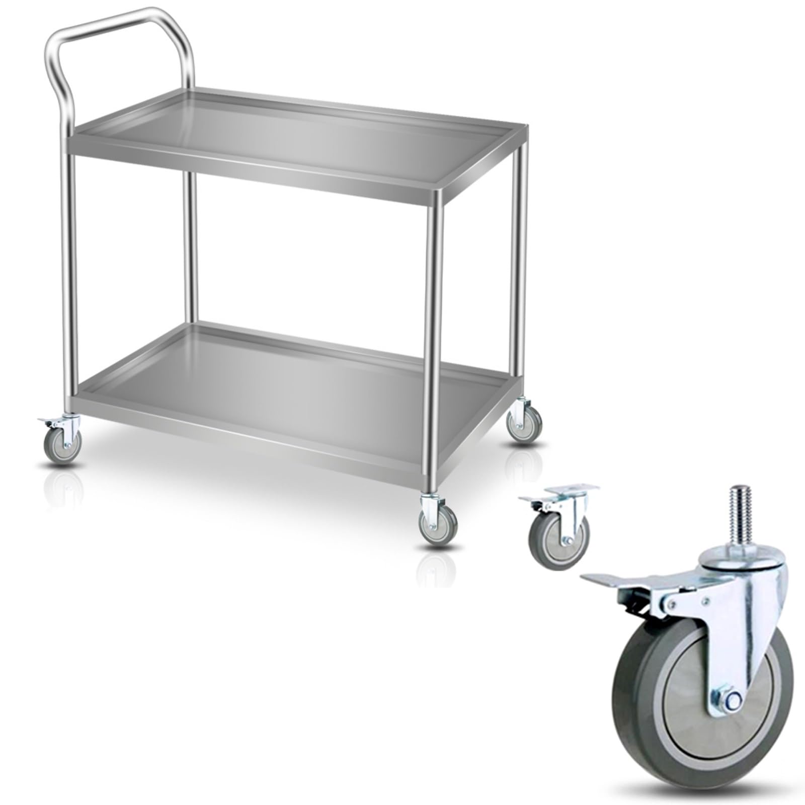 Chariot à roulettes utilitaire en acier inoxydable avec finition polie et 2 roues verrouillables pour cuisine, restaurant, hôtel, utilisation à domicile, triple couche, 80 x 50 x 90 cm