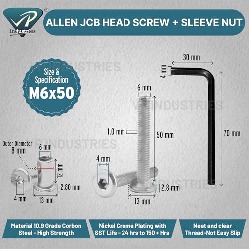 Image of Rely⇒VP INDUSTRIES (Combo Set -10 Pcs) M6x50 mm Nickel Allen JCB Screw with JCB Female Sleeve Barrel Nut + Allen Key 1 pc | Fastener for Joining Wood Boards, Cabinets, Cupboards,Chairs & Beds