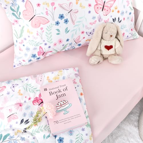 Image of Toddler Bedding Set for Girls 4 Pieces Butterfly, Soft Breathable Toddler Comforter Set, Flower Print, Includes Reversible Comforter, Fitted Sheet and Flat Sheet, Pillowcase