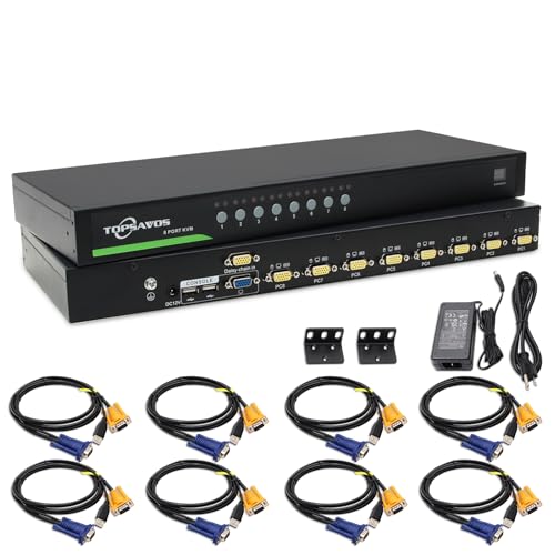 TOPSAVOS 8 Port 1U Rackmount VGA USB KVM Switch, Up to 2048 x 1536 Resolution with On-Screen Display and Cables, 8 in 1 Out Support Hotkey Button OSD Switching for Linux, Windows, Mac, Unix