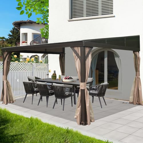 Domi 12x14FT Lean to Gazebo, Aluminum Wall Mounted Gazebo with Sloping Galvanized Steel Roof, Curtains and Netting, Outdoor Hardtop Gazebo Pergola for Patio, Deck, Garden, Backyard