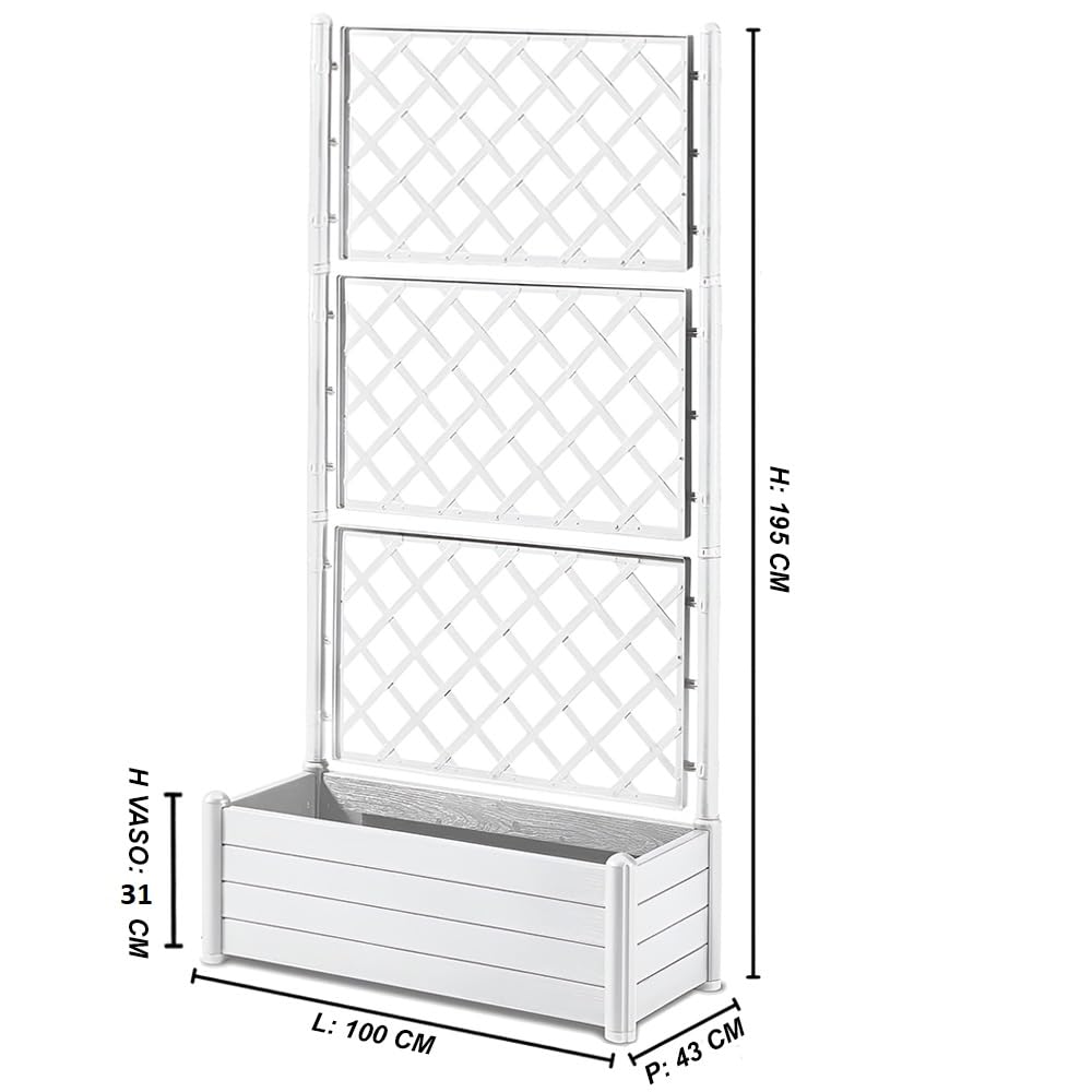 Fioriera con vaso largo cm 100 Spalliera Grigliata alta cm 195 separe' bianco graticola rampicante modulabile e componibile per Esterni Giardini Terrazze separatore ambienti locali commerciali