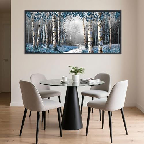 Image of HKDGOKA Large Landscape Wall Art, Gray Blue Birch Tree Abstract Canvas Painting Picture Modern Misty Forest Artwork Framed for Living Room Bedroom Office Kitchen Home Wall Decor 71 inchx32 inch