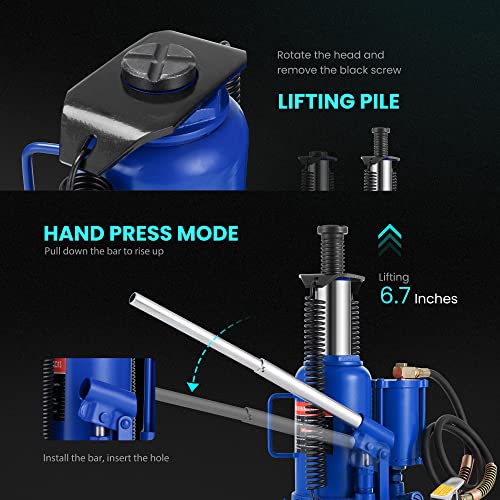 Specstar Pneumatic Air Hydraulic Bottle Jack With Manual Hand Pump 20 Ton Heavy Duty Auto Truck Travel Trailer Repair Lift Blue #TOP3