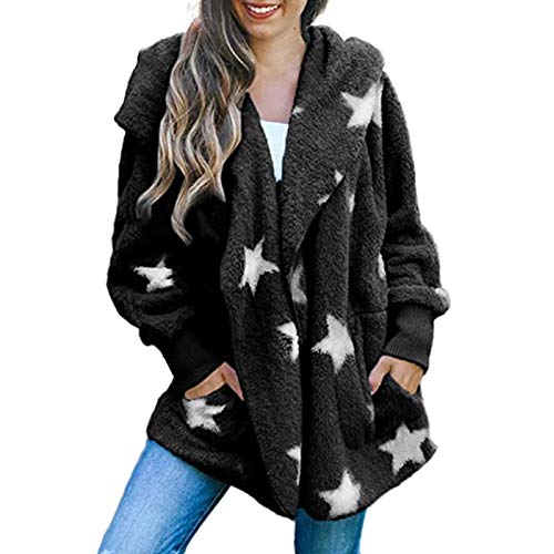 Sinifer Winter Cardigan for Women White Stars Casual Oversized Fuzzy Fleece Ribbed Long Sleeve Open Front Hooded Jacket Coat Outwear with Pockets(Black M)