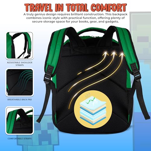 Image of AI ACCESSORY INNOVATIONS Minecraft Backpack for Boys & Girls, Big Face Creeper School Bag with Front Pocket, TNT Rubber Molded Dangle, Green