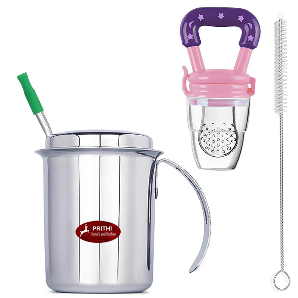 Prithi Home's and Kitchen Stainless Steel Sipper with Handle & Lid (Cap) 2 in 1 Use - Handle Tumbler or Straw Sipper-220 ML Sliver (SIPPYCUP+Fruit Nibbler+Straw Cleaning Brush) -Combo 2-image-24