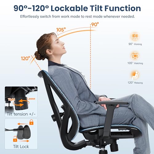 Image of Ergonomic Office Chair, Mesh Computer Desk Chairs with BIFMA X5.1 Certified, Adjustable Lumbar Support, 3D Arm, Tilt Back, Wide Seat, Comfy Swivel Work Task Chair for Company and Home (Azure Blue)