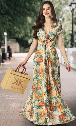Image of KOH KOH Womens Long Flowy Cap Sleeve Empire Waist Cocktail Maxi Dress Gown