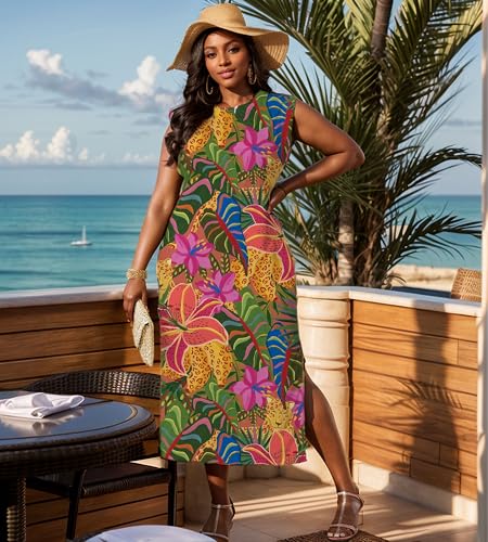 Image of UOUA Women Summer Maxi Dresses Plus Size Casual Hawaiian Sundress Sleeveless Loose Split Beach Dress with Pockets