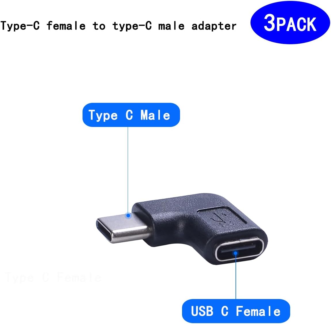 Type-C Male to Female Adapter，2-Pack，Right & Left Angled 90 Degree Type-C Extension Adapter for Laptop & Tablet & Mobile Phone