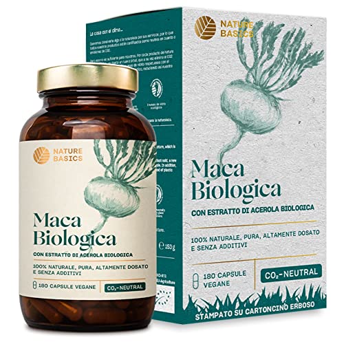 Nature Basics® BIO Maca certificato & sostenibile nel | del vetro 180 capsule vegane | 3000mg di maca in polvere e 12mg di vitamina C naturale per dose giornaliera | privo di additivi e CO2-neutrale