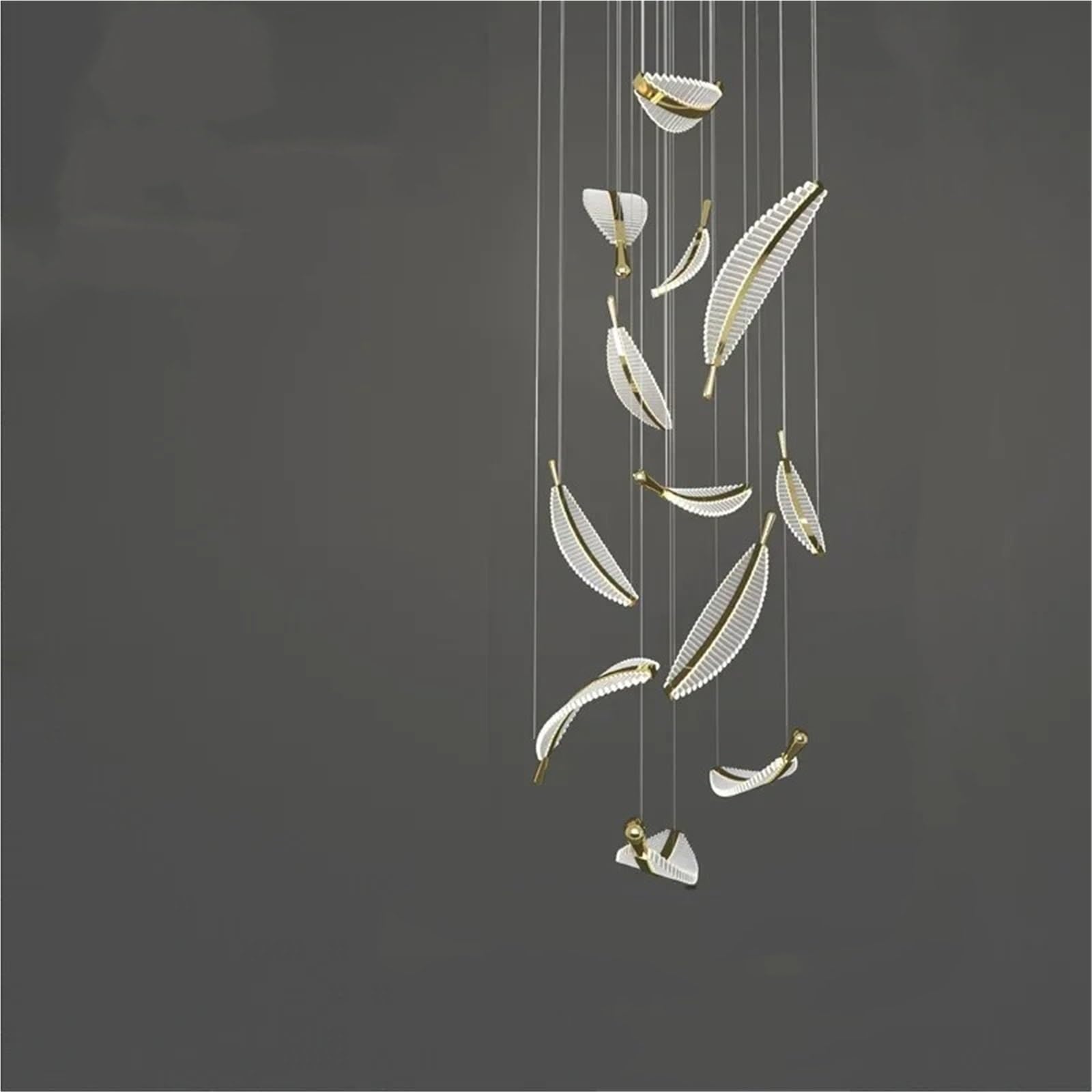 PCXEHUYP Long Modern Led Chandelier for Staircase Luxury Feather Design Hang Crystal Light Fixture Large Decor Hall Gold Lamps