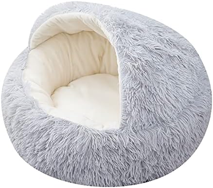 15.8'' Small Calming Dog Bed for Cats or Small Dogs, Anti-Anxiety Puppy Bed, Machine Washable Fluffy Anti-Slip Waterproof Mute Base, Soft Pet Round Bed, Snooze Sleeping Cozy Kitty Kennel (Grey)
