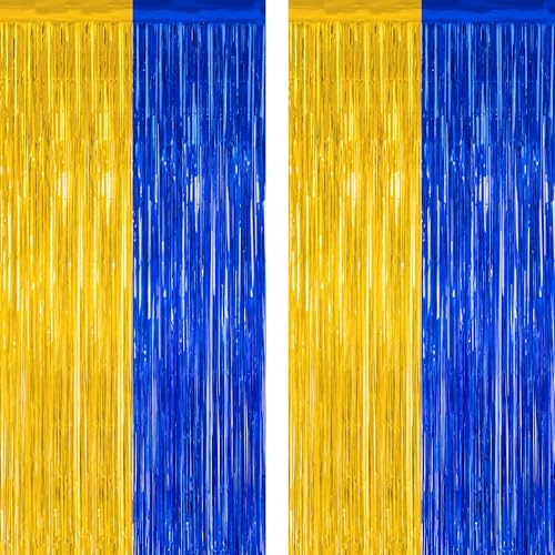 Image of ZATAYE 2 Pack Blue Gold New Years Eve Foil Curtain Streamer Decorations | Blue Gold, Metallic Foil, 3.28 x 7.05 FT, Tinsel Backdrop, Foil Curtain Streamer, New Years Eve Party