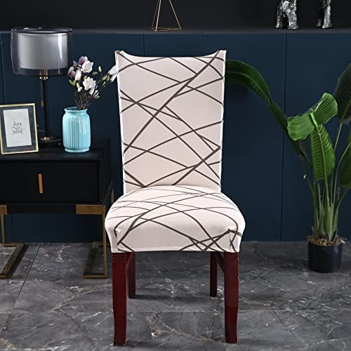 Image of House of Quirk Elastic Chair Cover Stretch Removable Washable Short Dining Chair Cover Protector Seat Slipcover (Pack of 6, Beige Linen)