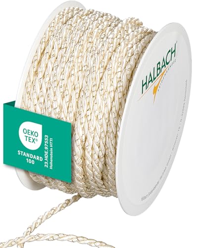 Halbach Seidenbänder Cordón Premium Bicolor | Ancho 4 mm Largo 25 m | Fabricado en Alemania y Certificado Öko-Tex | cordón de satén Brillante de Acetato | Color: Crema/Dorado