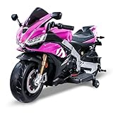 TCARAIWEN Aprilia Licensed 24V Kids Electric Motorcycle, Max Speed 10mph Ride-On Motorcycle with Training Wheels, Key Switch and Mp3 (Normal Motors - 24V, Pink)