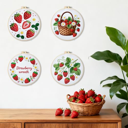 Image of BEUNITONE 4 Set Strawberry Embroidery Kit for Adult Beginners 7.9 inchx7.9 inch DIY Stamped Needlepoint Kits with Pre-Printed Designs, Complete Handmade Embroidery Craft for Relaxing Hobby and Home Decor