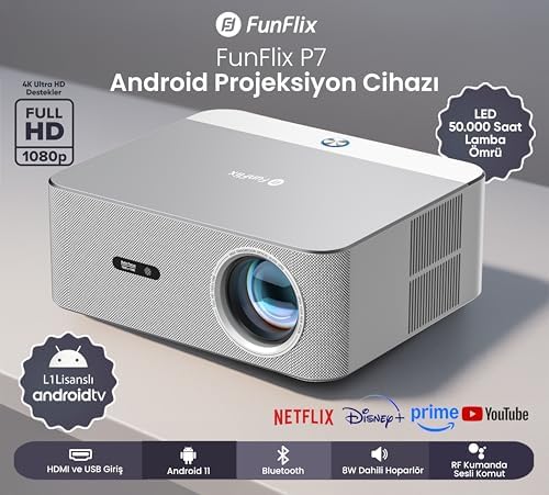 FunFlix P7 Android Full HD Projeksiyon Cihazı, 4K Destekli, Lisanslı Android TV, LED 7000 Lümen, Bluetooth, 8W Hoparlör, HDMI ve USB Girişli - Görsel 2