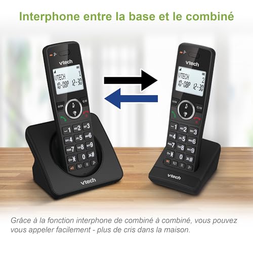 VTech ES2001 Duo bezprzewodowy telefon DECT z 2 słuchawkami, blokowanie połączeń, wzmacniacz głośności, identyfikator dzwoniącego/połączenia oczekującego, 18 godzin pracy na baterii, podświetlany