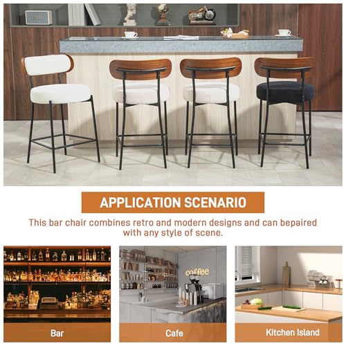 Butacos de barra Bouclé, set de 3 butacos de madera para altura de mostrador, butacos tapizados de 24 pulgadas con respaldo, sillas modernas para isla de cocina y barra desayunadora, estructura metálica, blanco miniatura 7