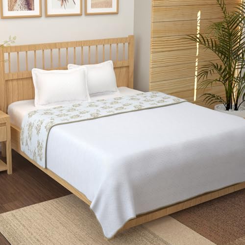 Image of Story@Home Dohar Double Bed Cotton 100% | 150GSM 225 x 240 cm Quilt AC Blanket for Summer | AC Comforter Double Bed | Beige & White, Floral & Geometric Reversible Design Duvet | All-Season Blanket