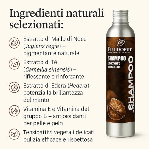Shampoo Naturale al Mallo di Noce per Cani con Manto Scuro – FluidoPet – Riflessi Mogano & Nutrizione Profonda. Ideale per cane Barbone, barboncino, Schnauzer, Cocker Nero,