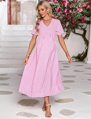 Funjuly Women’s Maternity Casual Loose Floral Long Dress With Pockets Short Sleeve V Neck Tiered A-Line Swing Maxi Dresses Pink S #TOP1