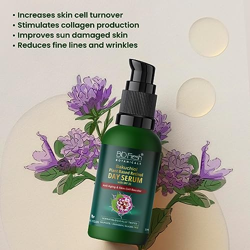 Image of Biofresh Botanicals Bakuchiol Plant-Based Retinol Day Serum with SPF 30 with Anti-Aging Formula Retinol to Protect Skin from Sun Damage Moisturizing Benefits for Radiant Skin Men & Women