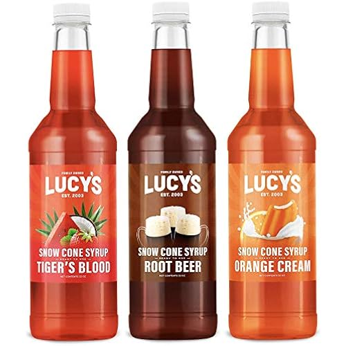 Lucy's Family Owned Shaved Ice Snow Cone Syrups - Tigers Blood, Root Beer, Orange Cream - 32oz Syrup Bottles (Pack of 3) (Carnival Pack)