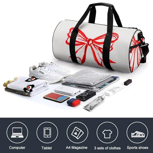 Simple Pure Red Line Bow Ribbon Travel Gym Bag for Women Men Cylindrical Duffle Bag Sport Workout Bag with Shoulder Strap4