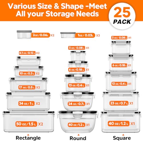 50 PCS Food Storage Containers with Lids (25 Containers & 25 Lids) - Reusable Plastic Food Containers for Kitchen Storage and Organization BPA-Free Leakproof Meal Prep Container with Labels & Pen